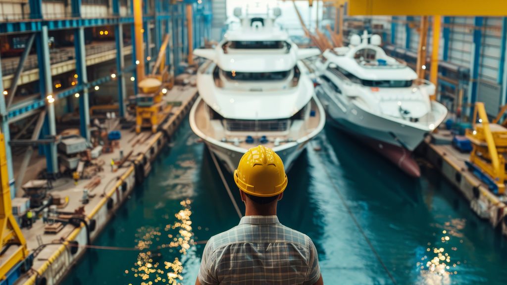 a superyacht builders yard, with two superyachts in it