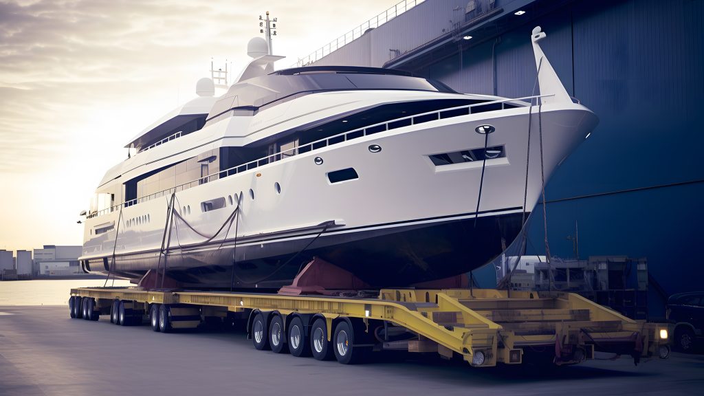 a superyacht being transported on the road.